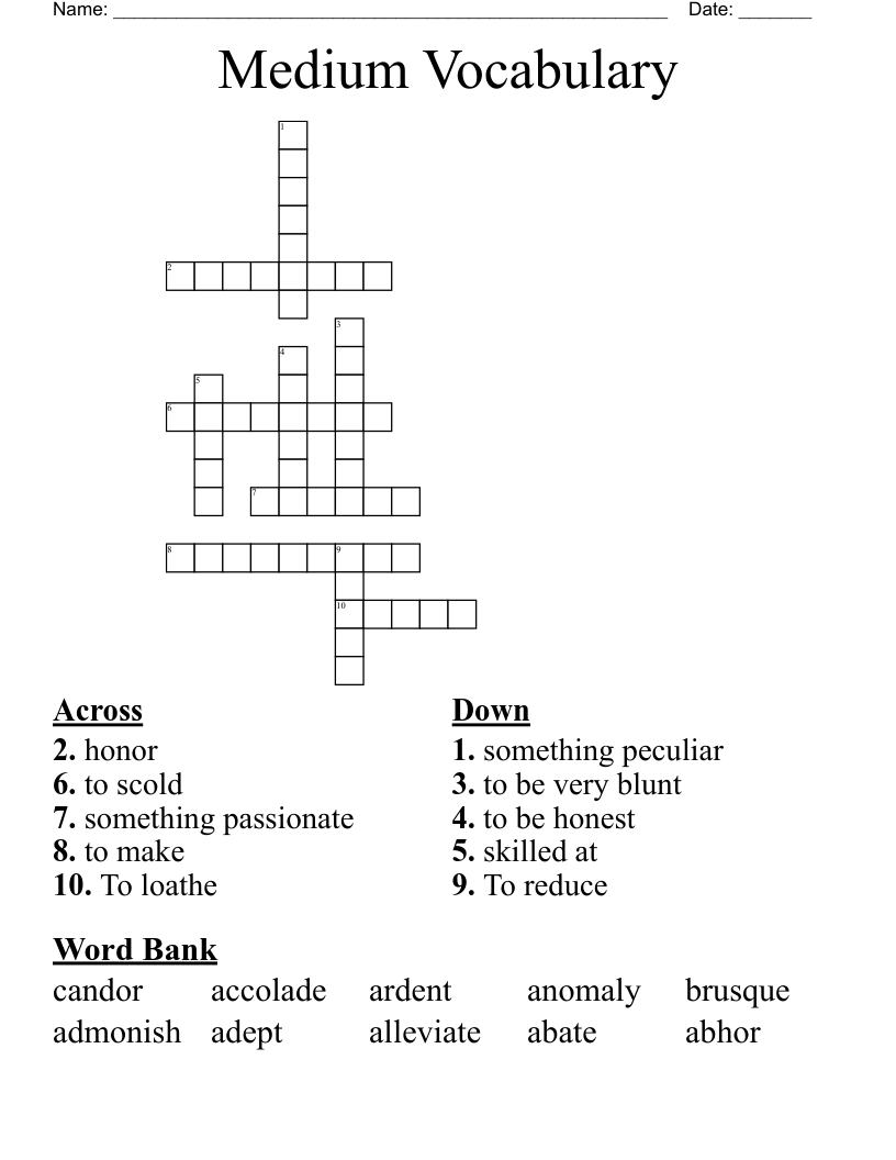 Medium Vocabulary Crossword