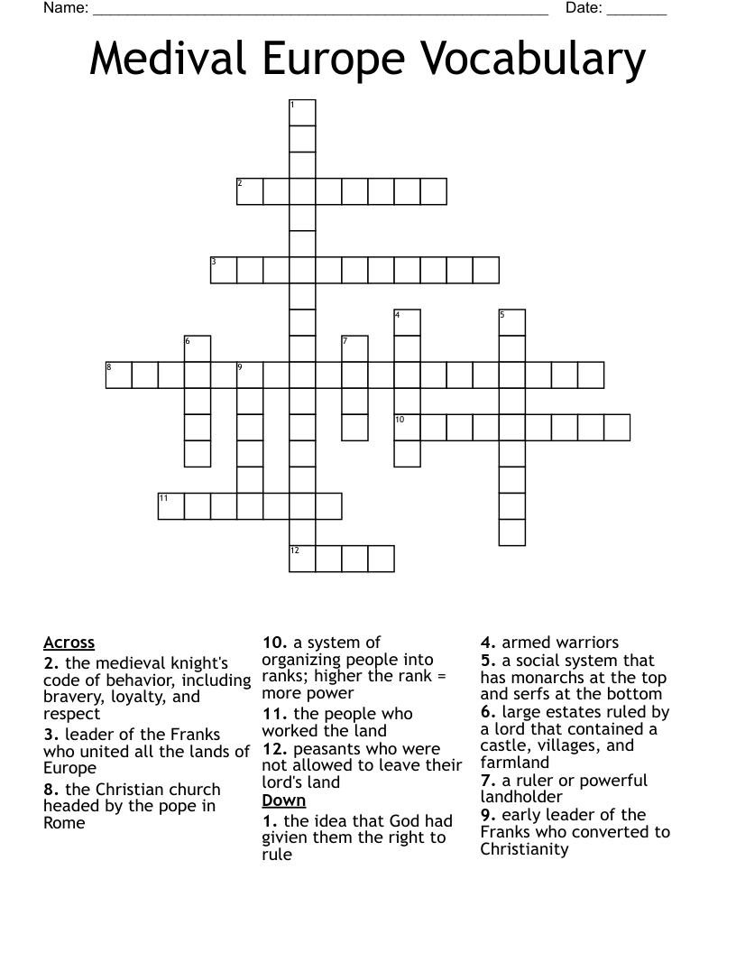 Medival Europe Vocabulary Crossword