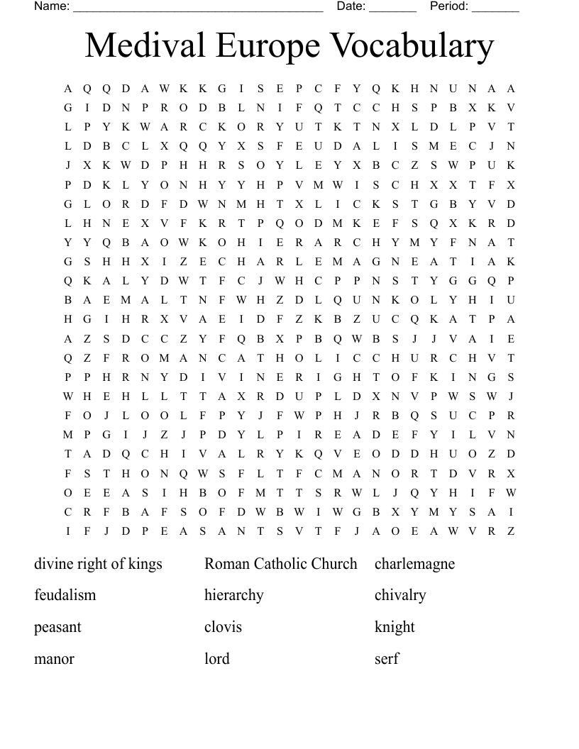 Medival Europe Vocabulary  Word Search
