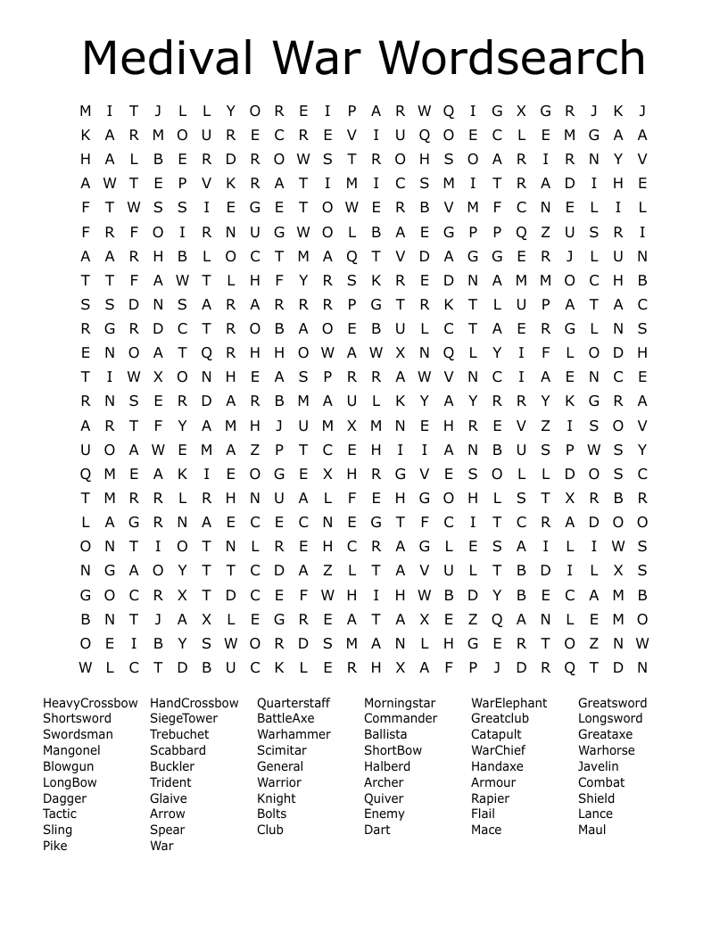 Medival War Wordsearch