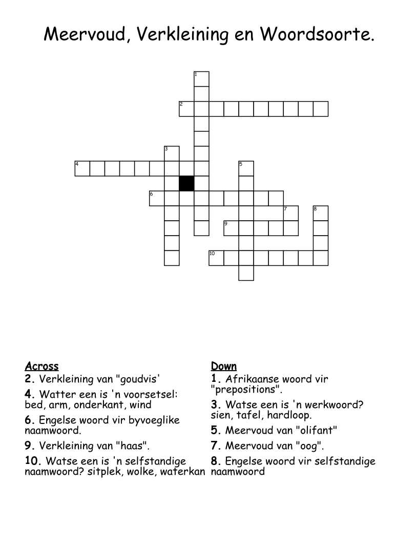 Meervoud, Verkleining en Woordsoorte. Crossword