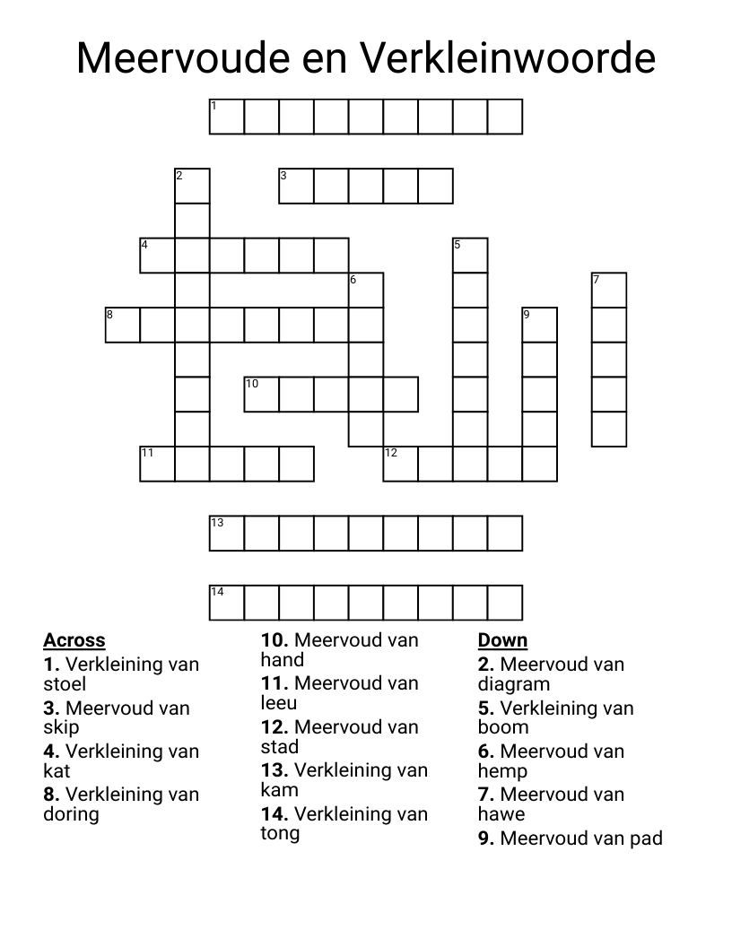 Meervoude en Verkleinwoorde Crossword