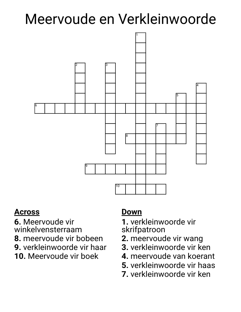 Meervoude en Verkleinwoorde Crossword