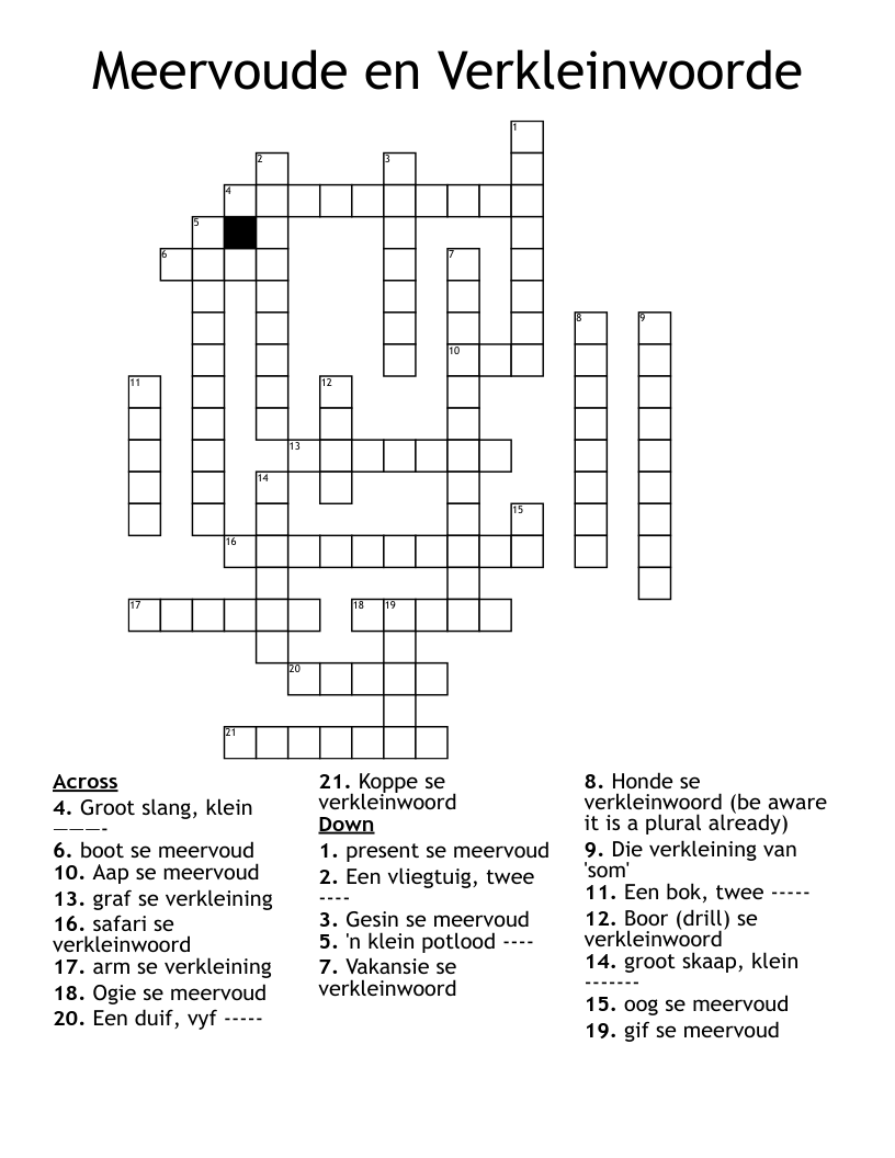 Meervoude en Verkleinwoorde Crossword