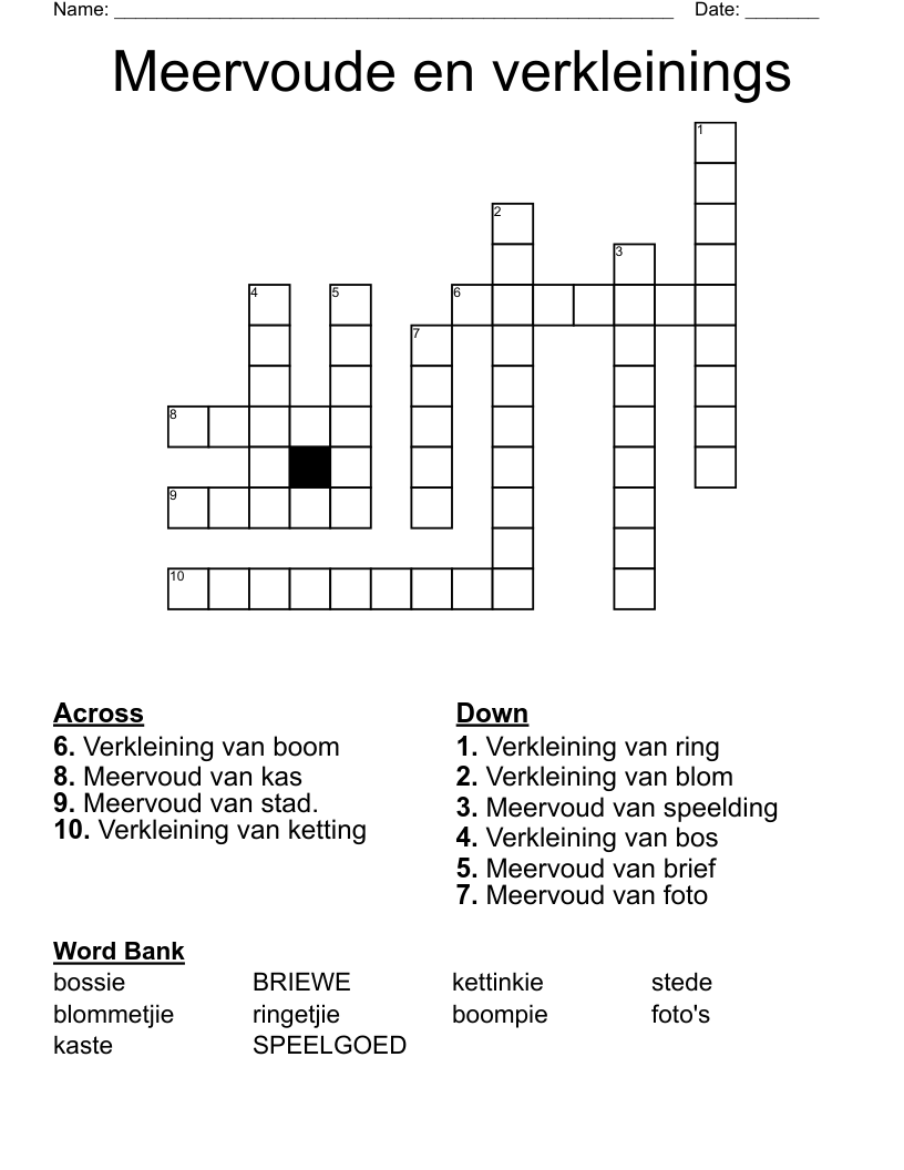 Meervoude en verkleinings Crossword