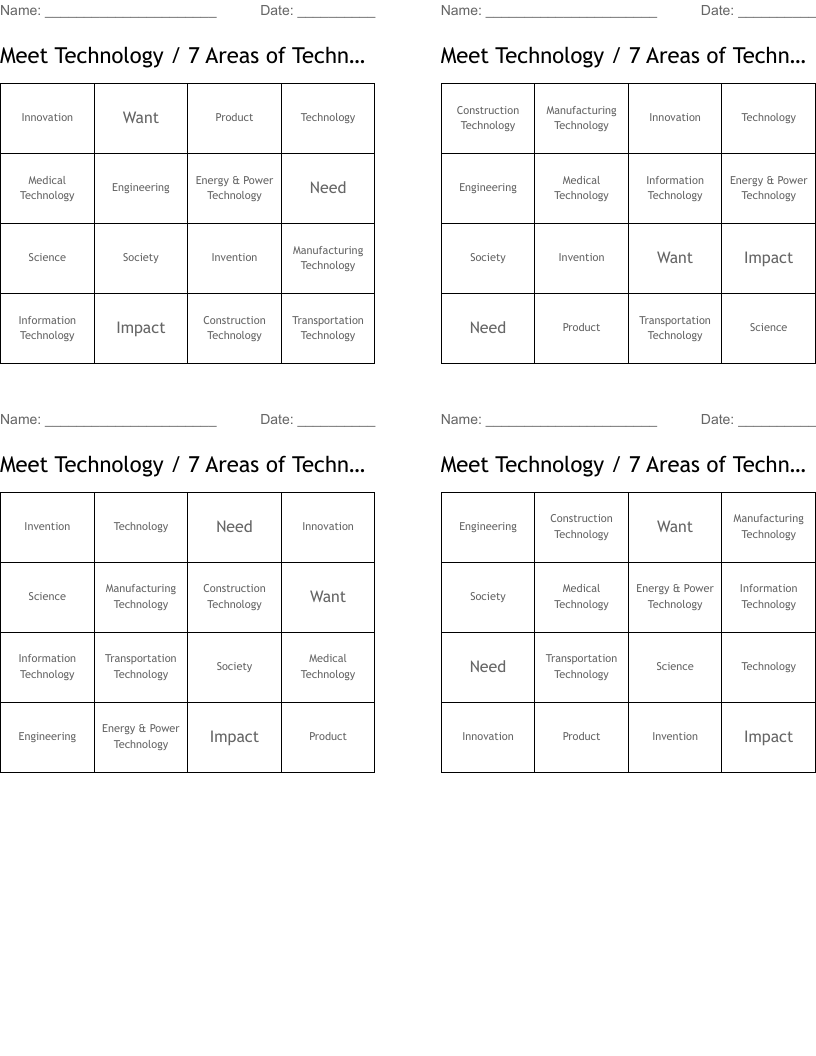 Meet Technology / 7 Areas of Technology Bingo Cards