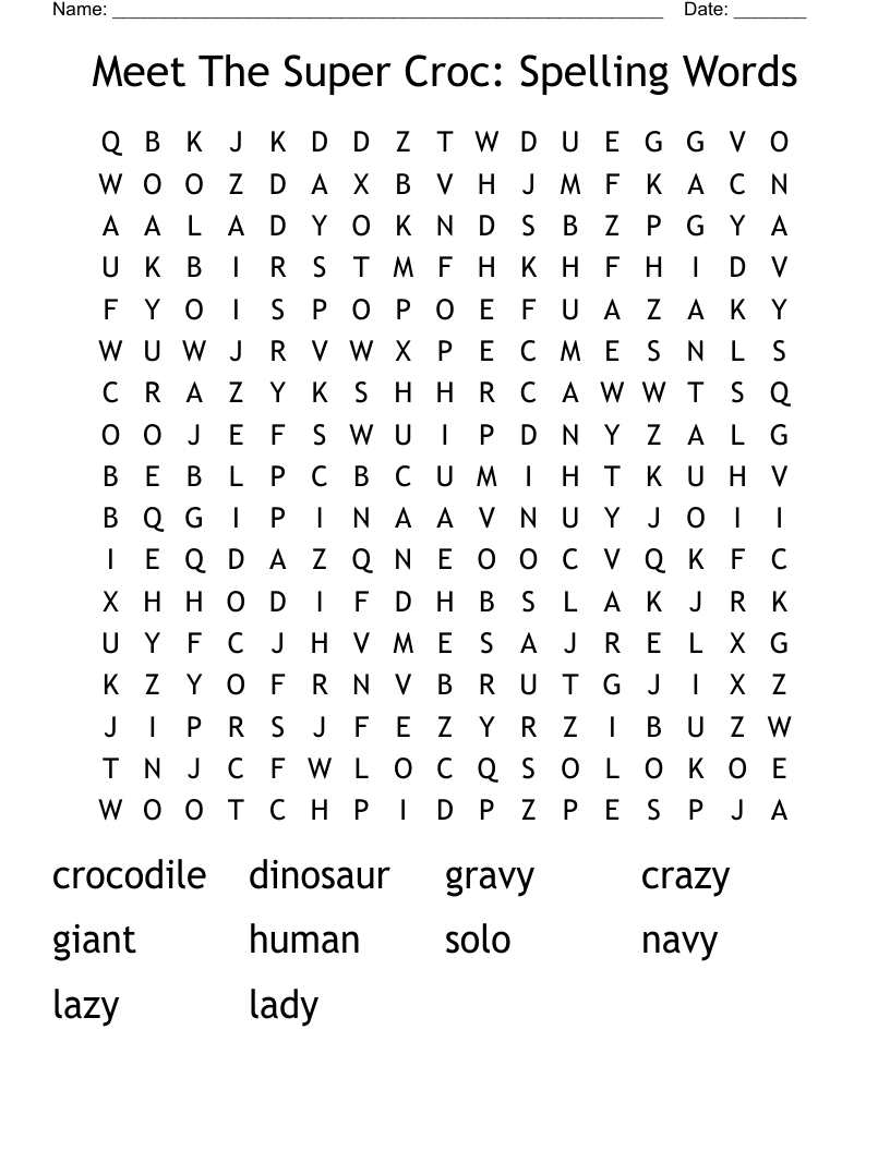 Meet The Super Croc: Spelling Words Word Search