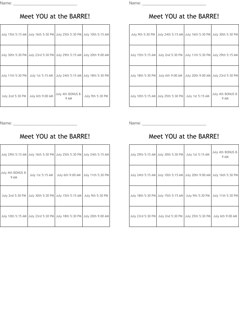 Meet YOU at the BARRE! Bingo Cards