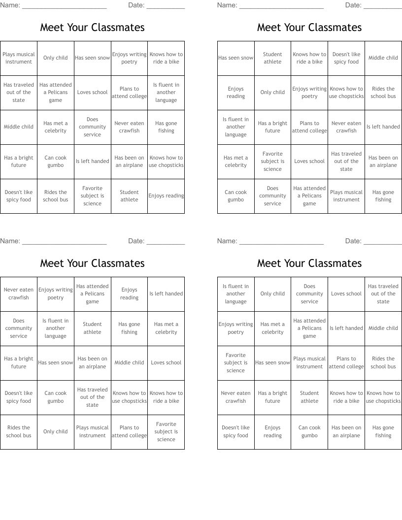 Meet Your Classmates Bingo Cards