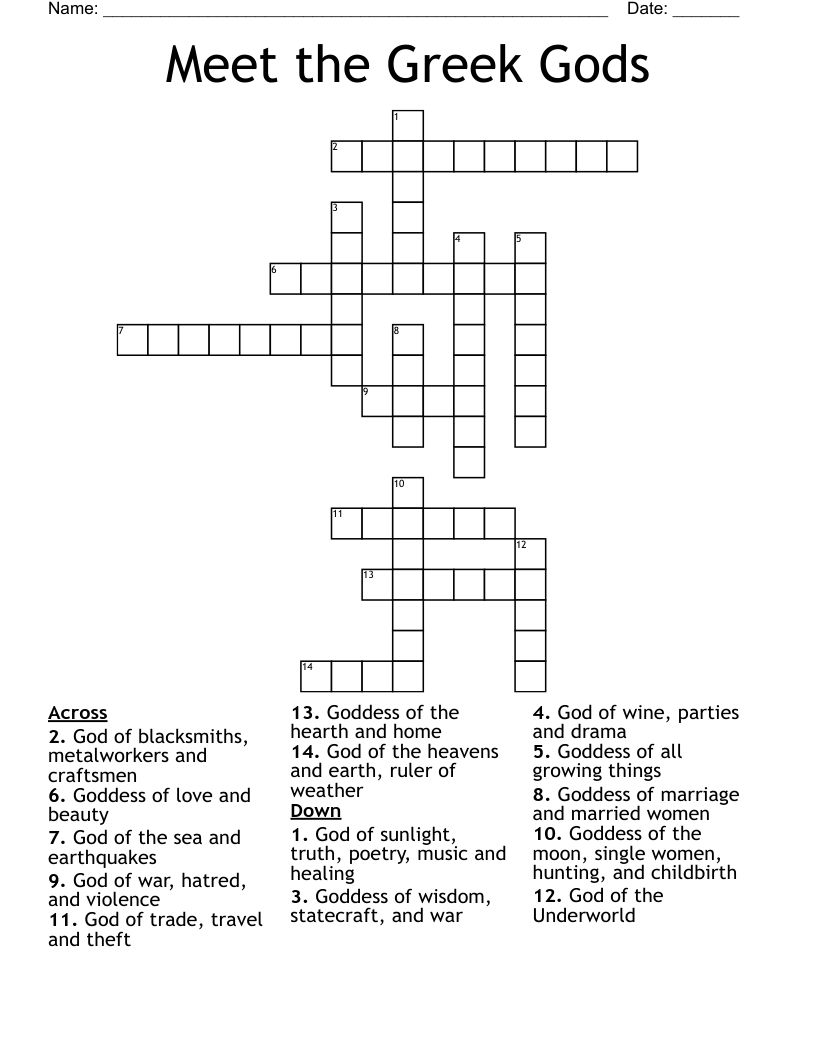Meet the Greek Gods Crossword