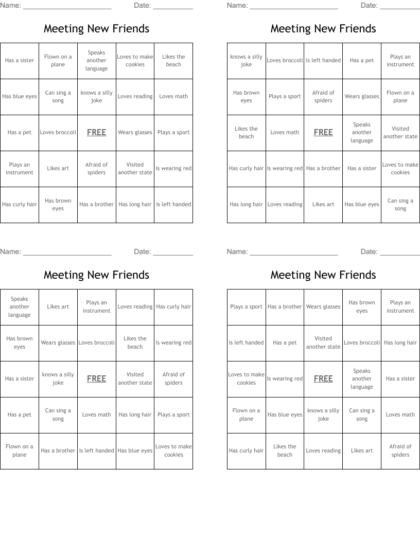Meeting New Friends Bingo Cards