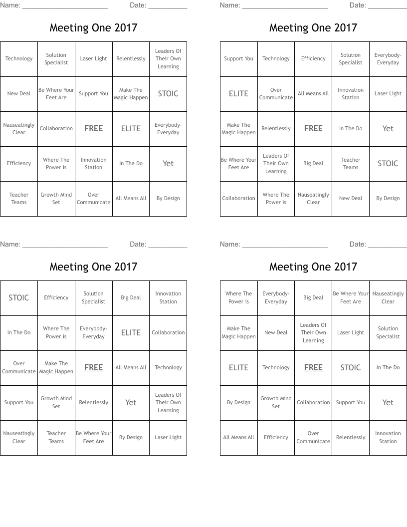 Meeting One 2017 Bingo Cards