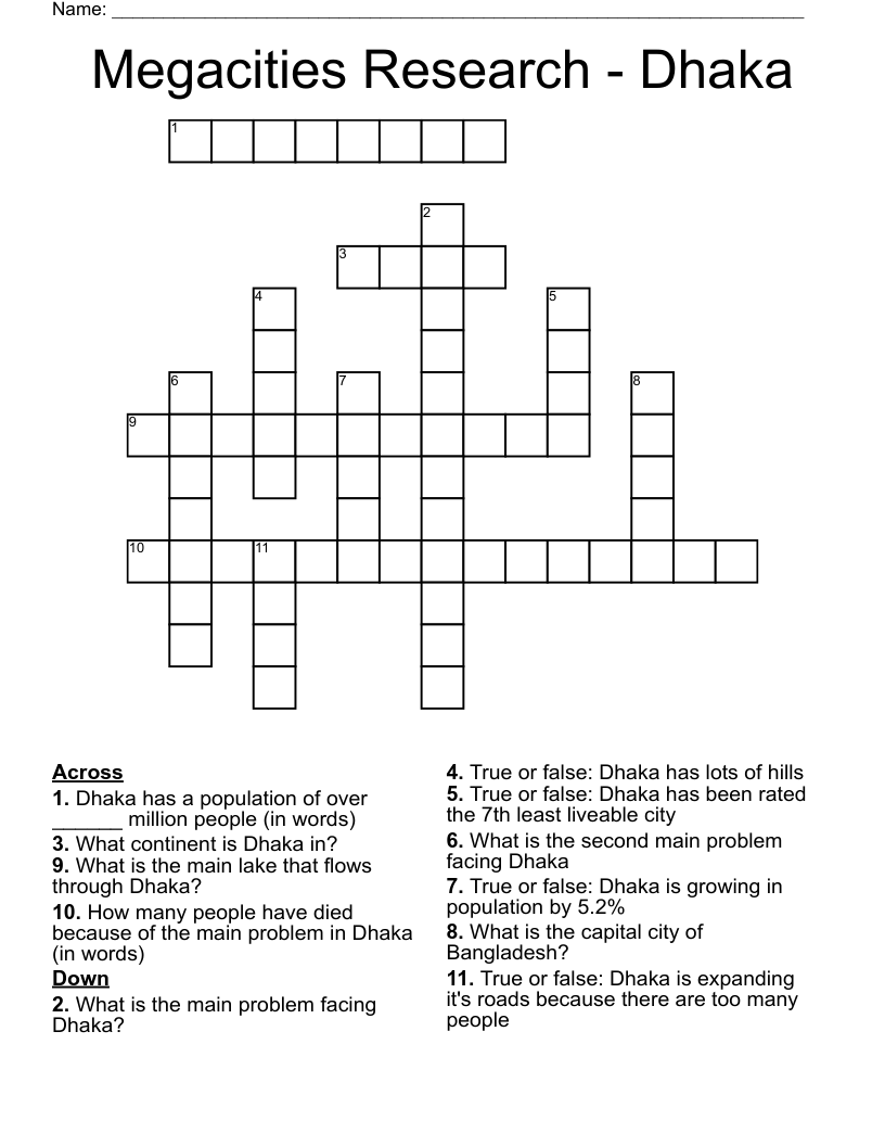 Megacities Research - Dhaka Crossword