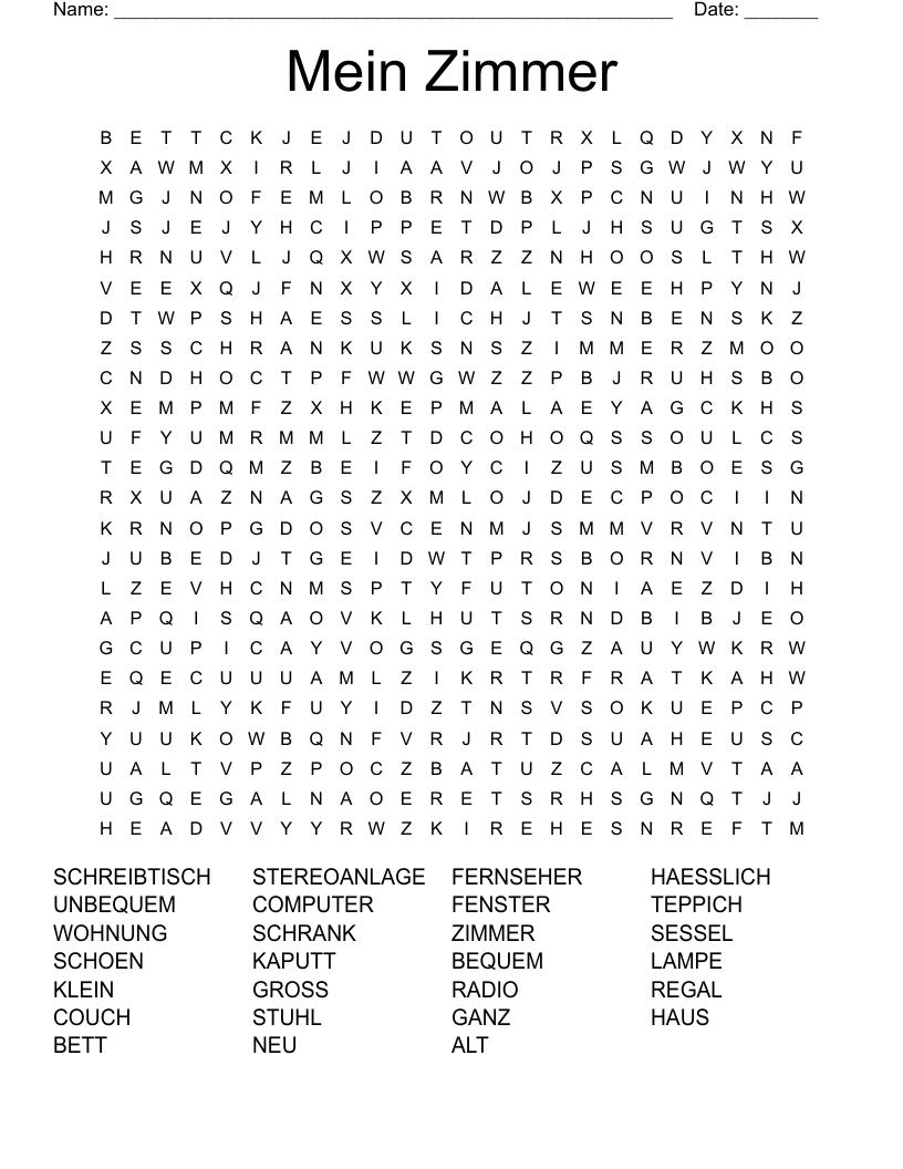 Mein Zimmer Word Search