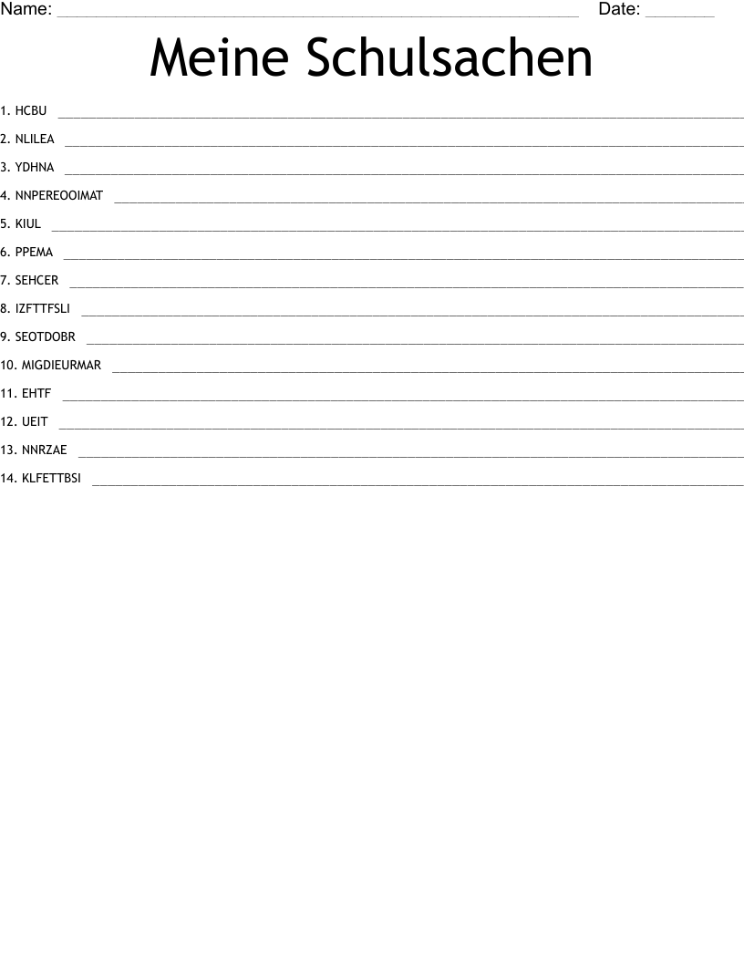 Meine Schulsachen Word Scramble