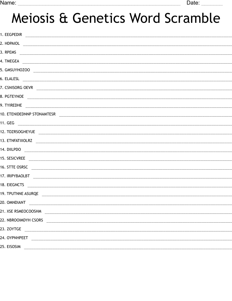 Meiosis & Genetics Word Scramble