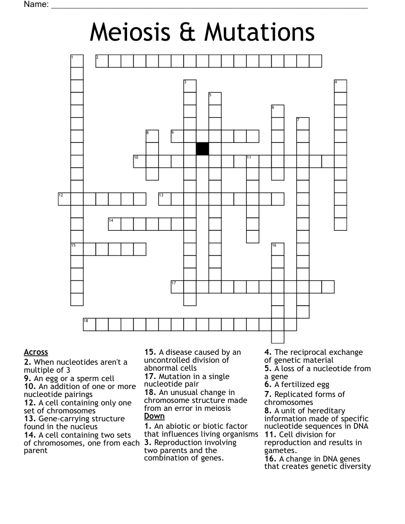 Meiosis & Mutations Crossword