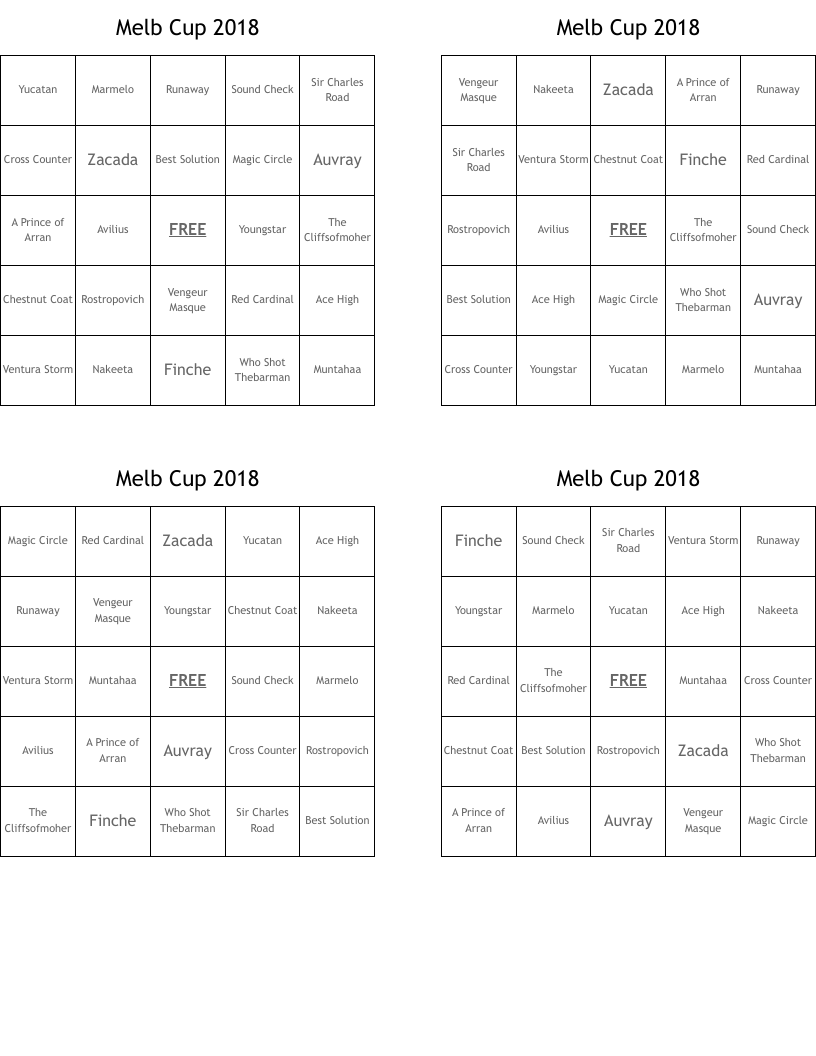 Melb Cup 2018 Bingo Cards