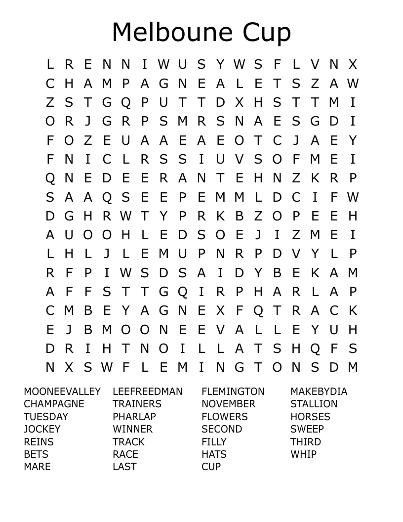 Melboune Cup Word Search