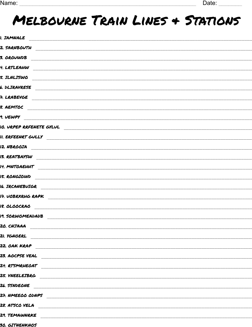 Melbourne Train Lines & Stations Word Scramble