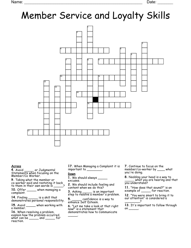 Member Service and Loyalty Skills  Crossword
