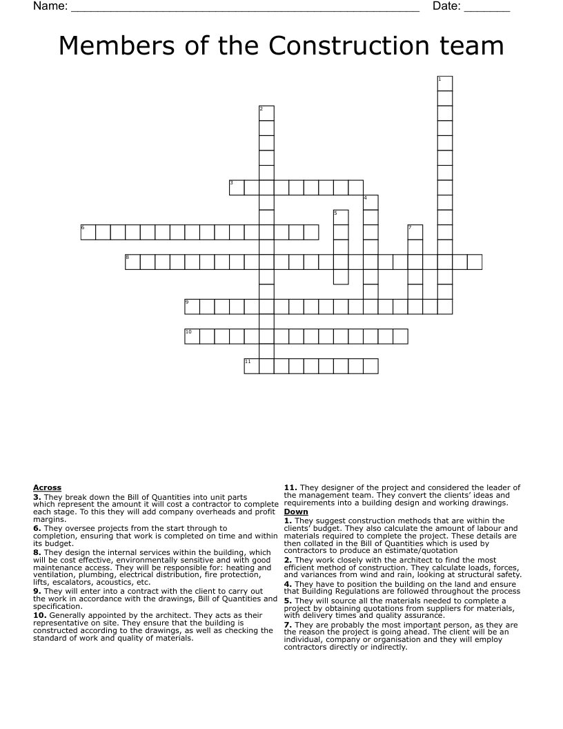 Members of the Construction team Crossword