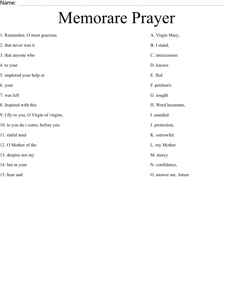 Memorare Prayer Worksheet
