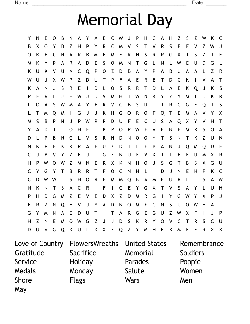 Memorial Day Word Search