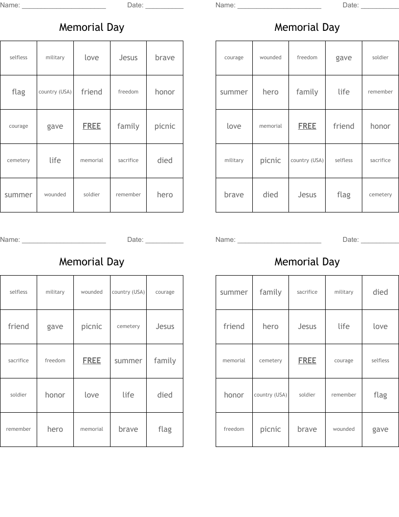 Memorial Day Bingo Cards