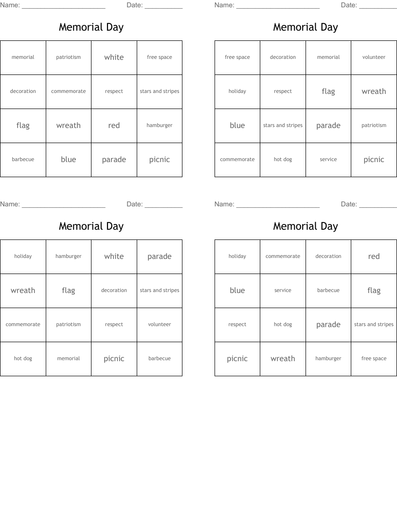 Memorial Day Bingo Cards