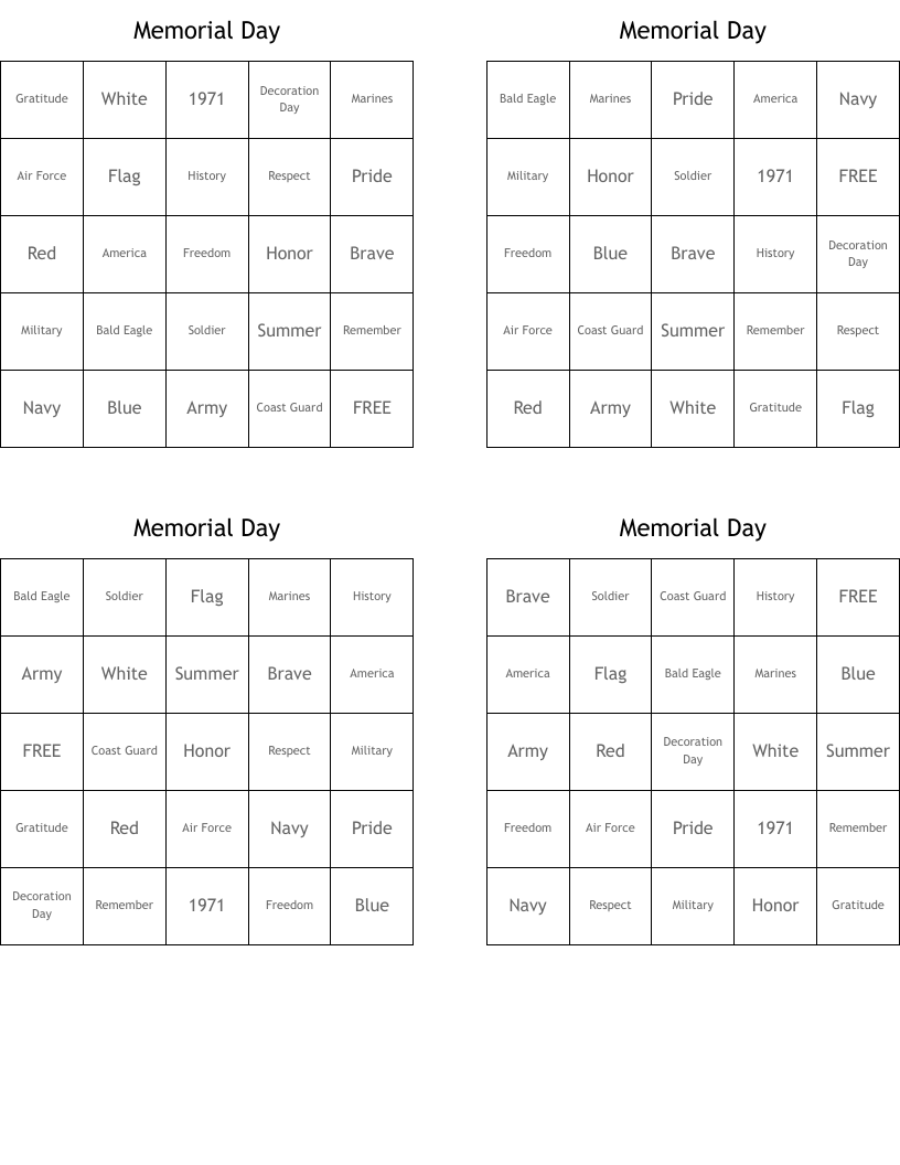 Memorial Day Bingo Cards