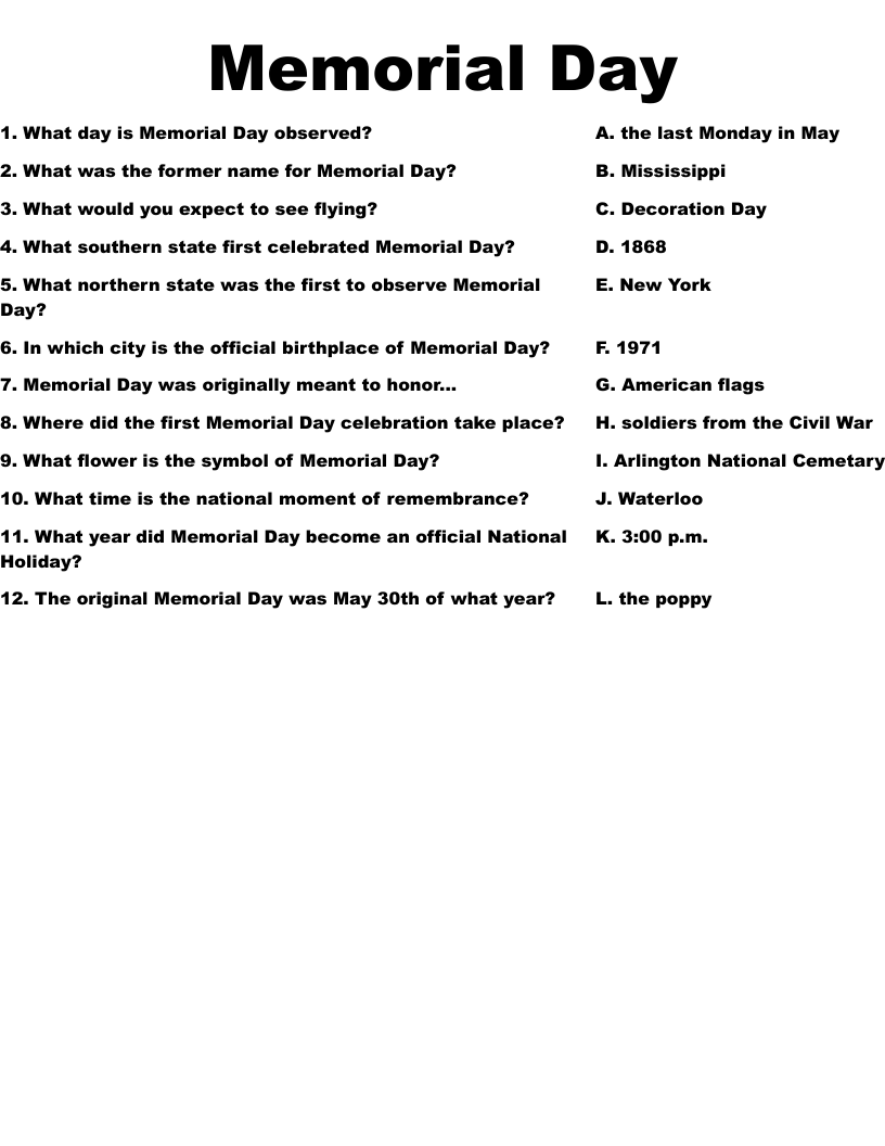 Memorial Day Worksheet