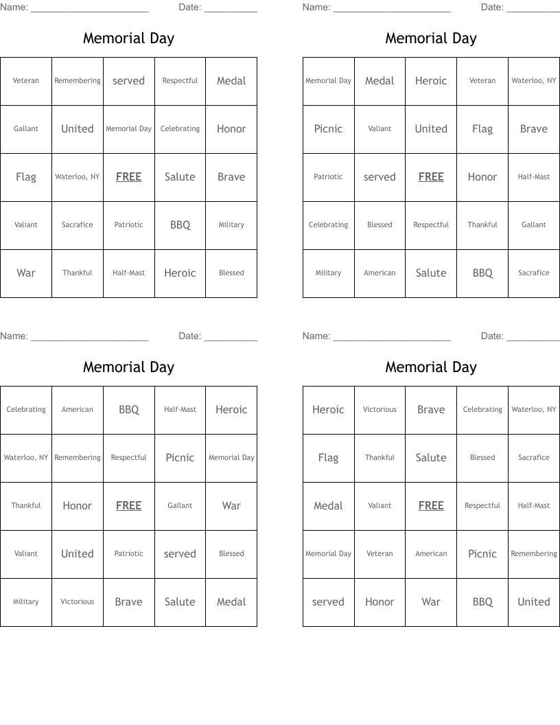 Memorial Day Bingo Cards