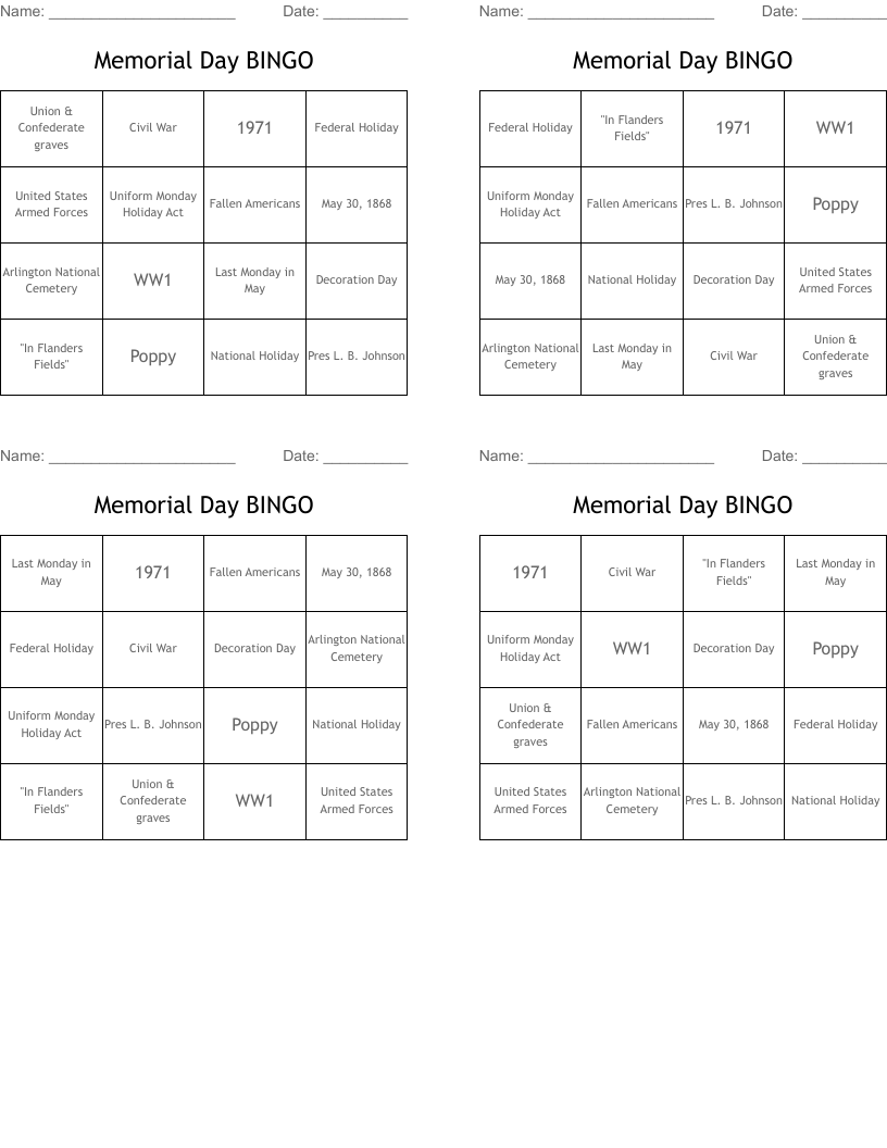 Memorial Day BINGO