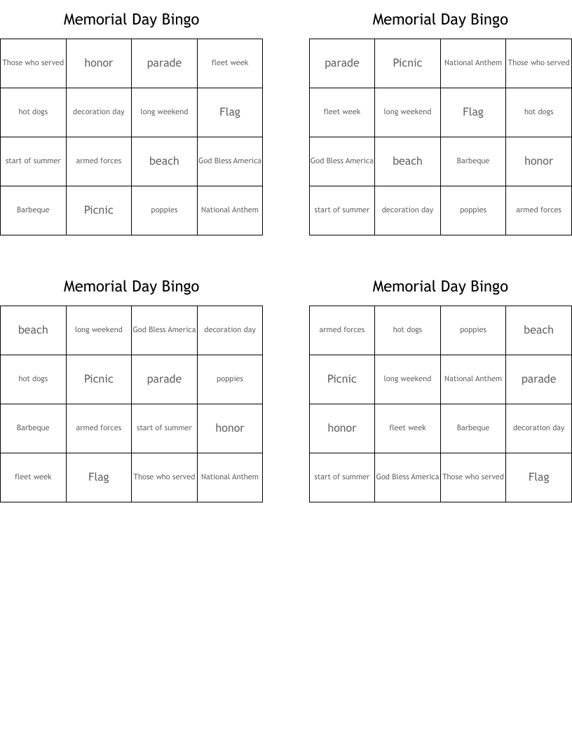 Memorial Day Bingo