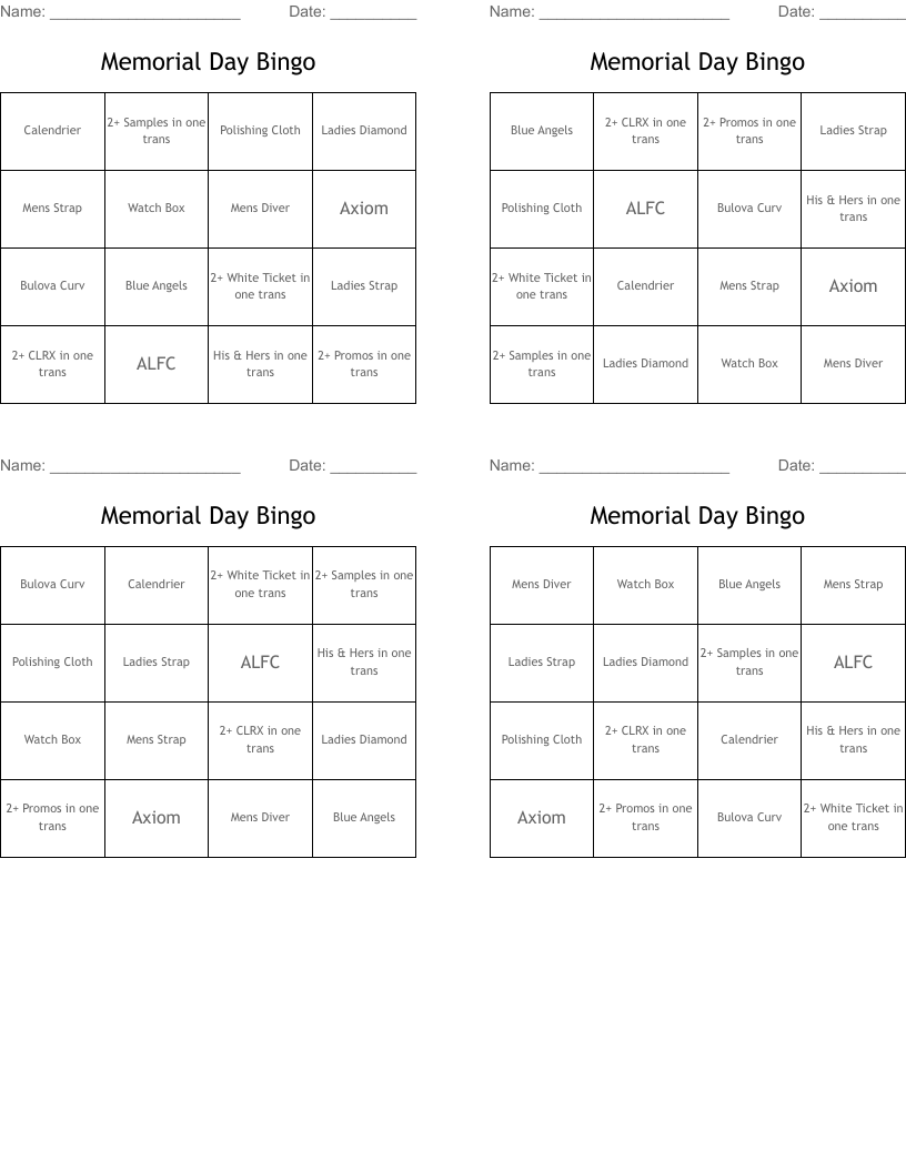 Memorial Day Bingo