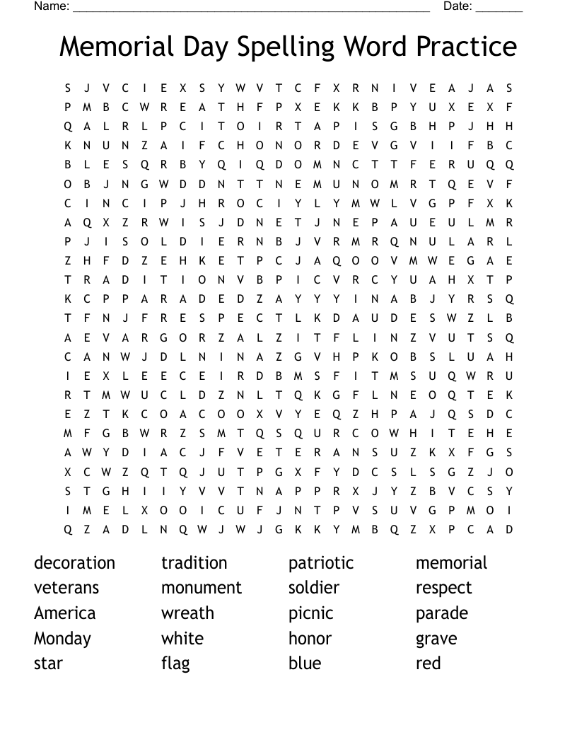 Memorial Day Spelling Word Practice Word Search