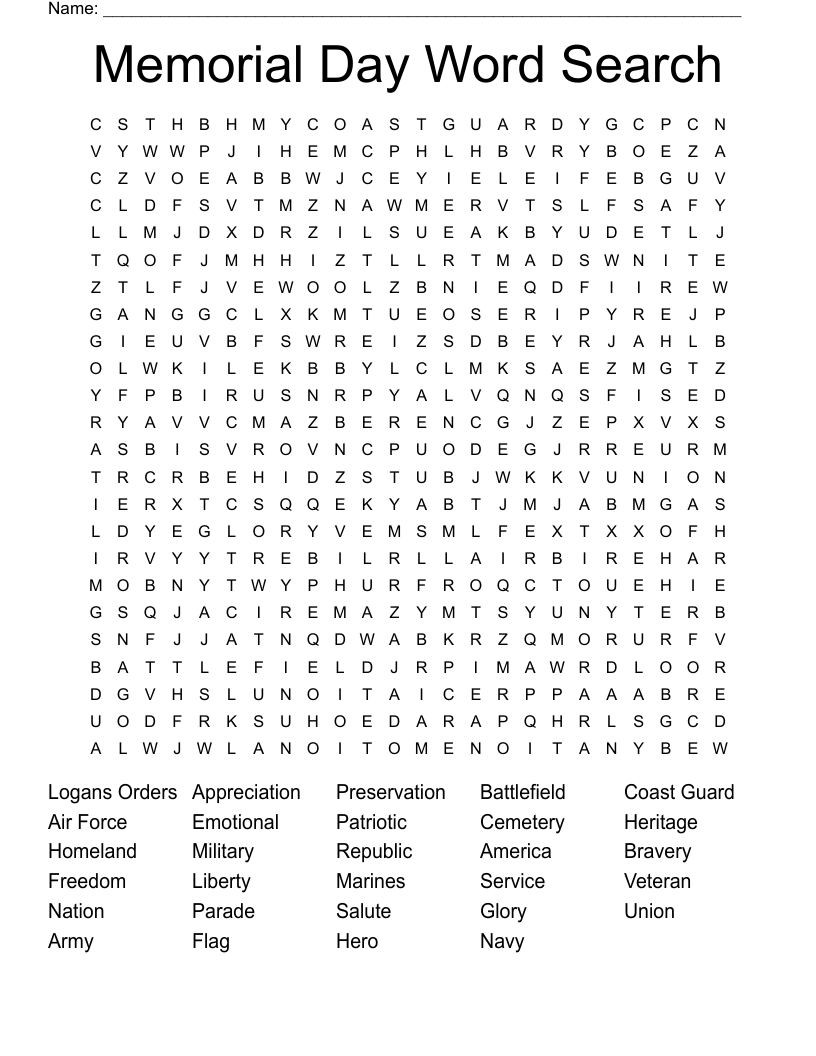 Memorial Day Word Search