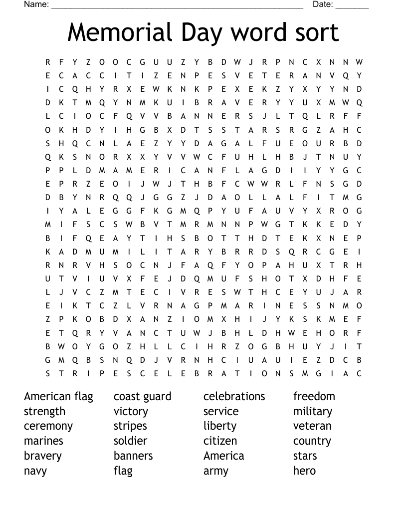 Memorial Day word sort Word Search