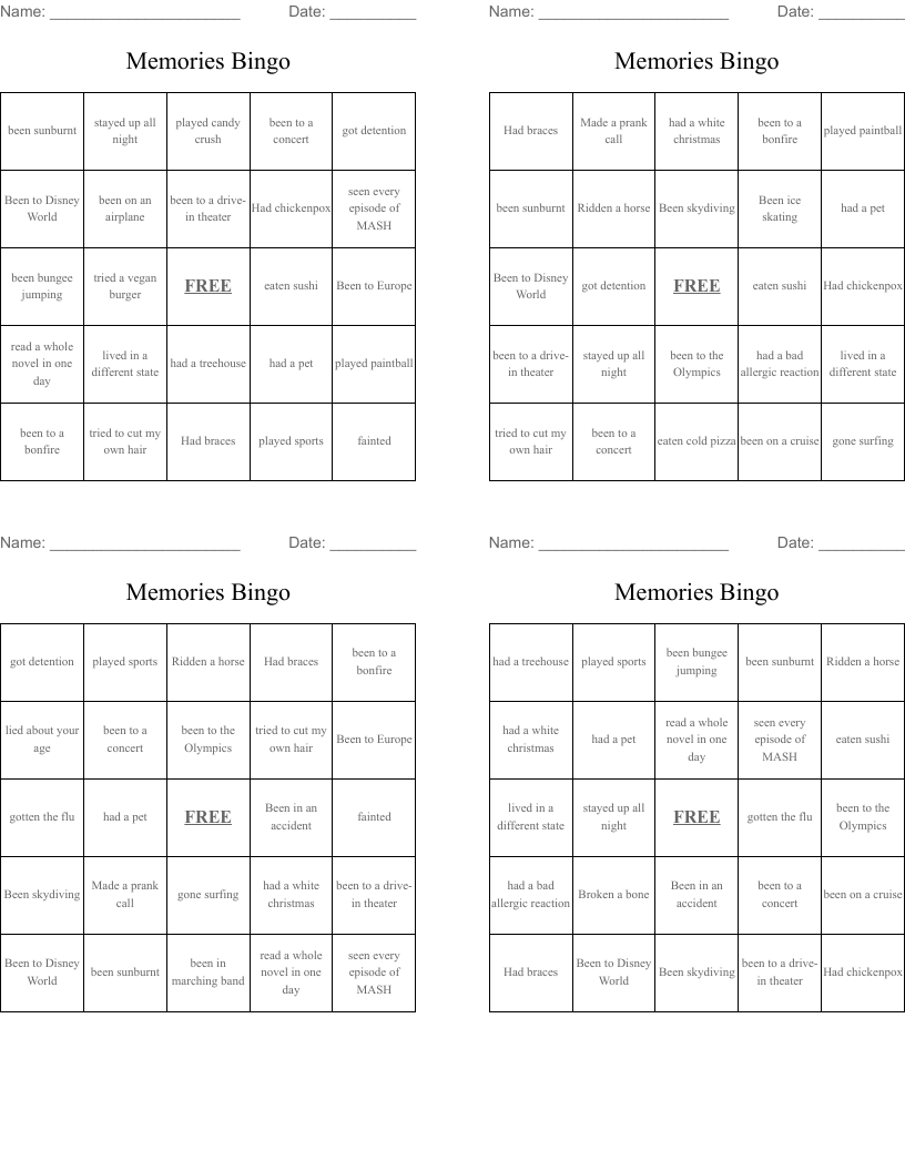Memories Bingo
