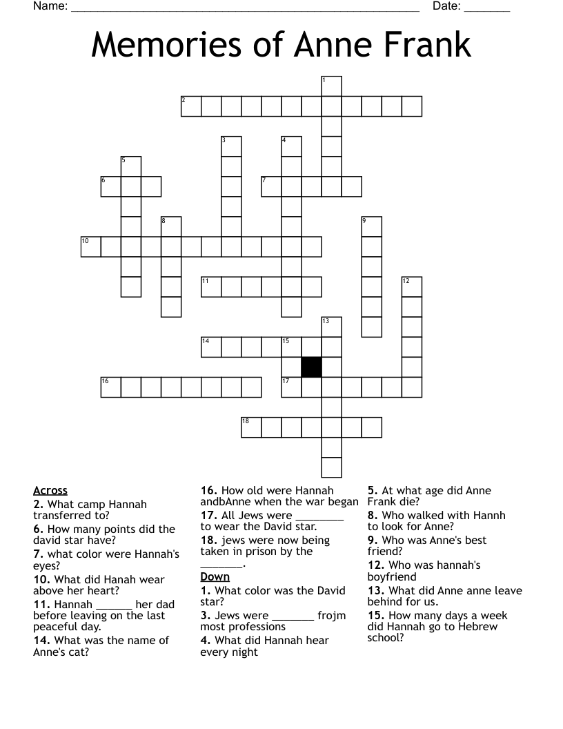 Memories of Anne Frank Crossword