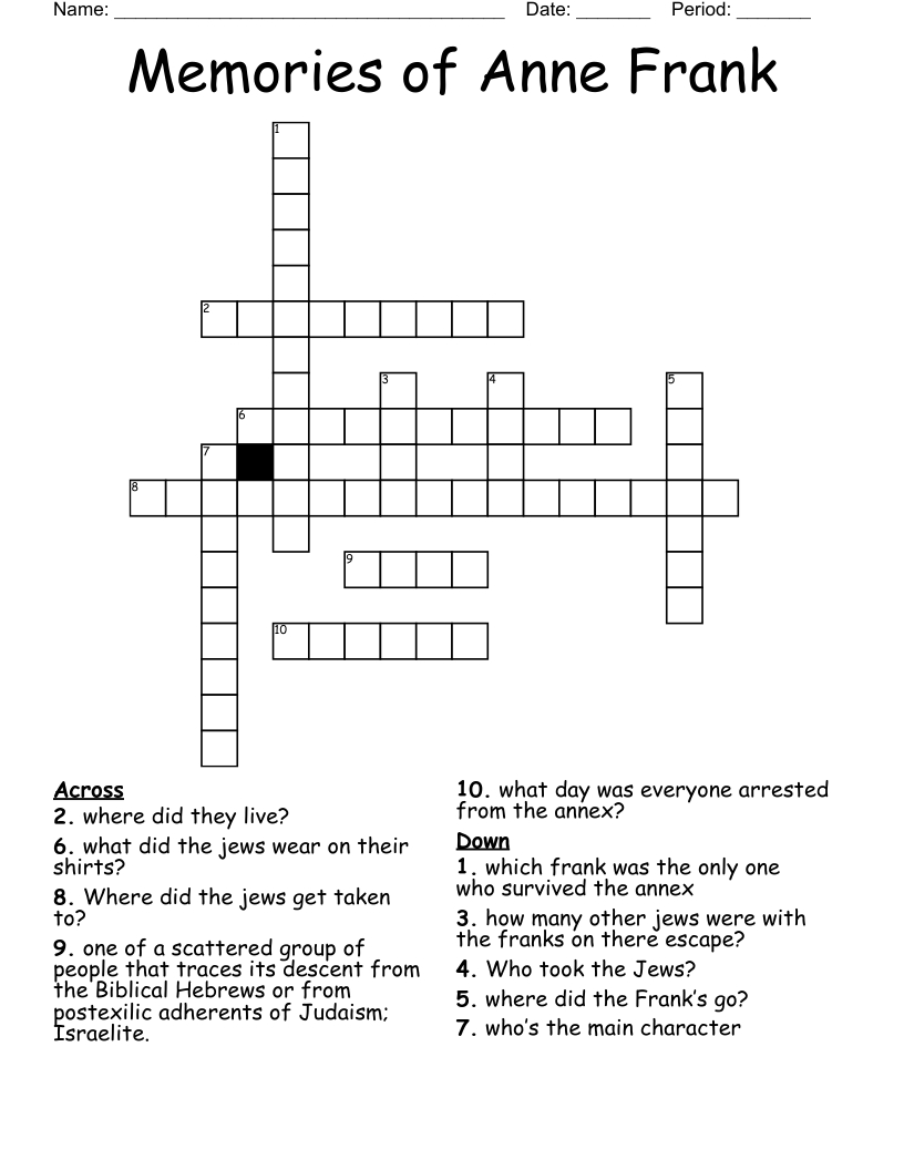 Memories of Anne Frank  Crossword
