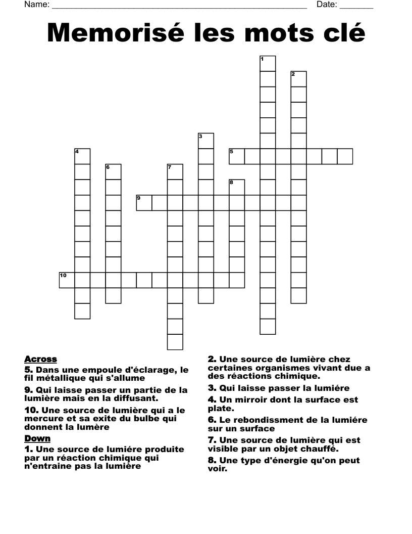 Memorisé les mots clé Crossword