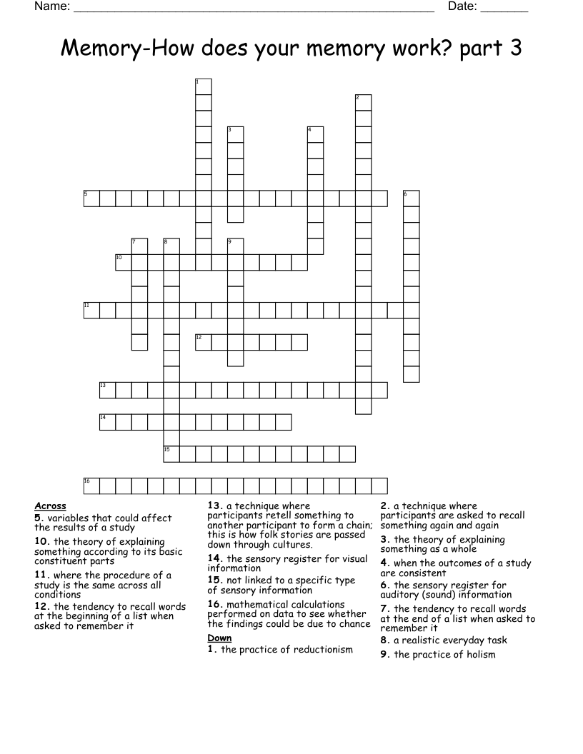 Memory-How does your memory work? part 3 Crossword