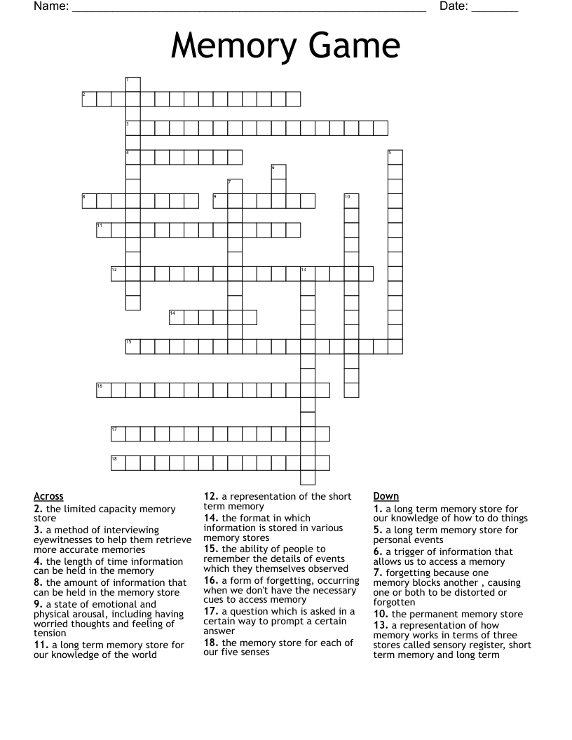 Memory Game Crossword