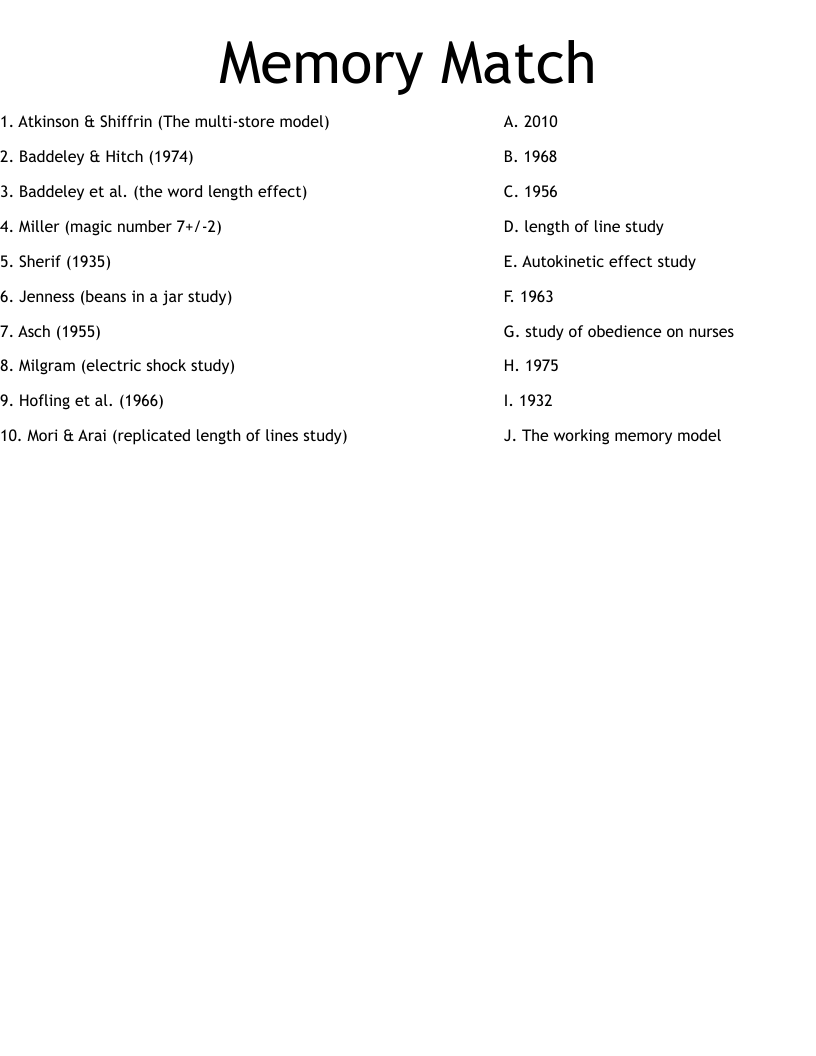 Memory Match Worksheet