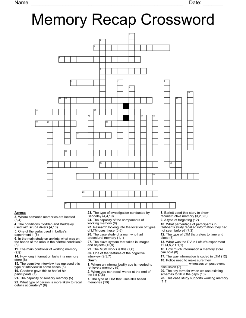 Memory Recap Crossword