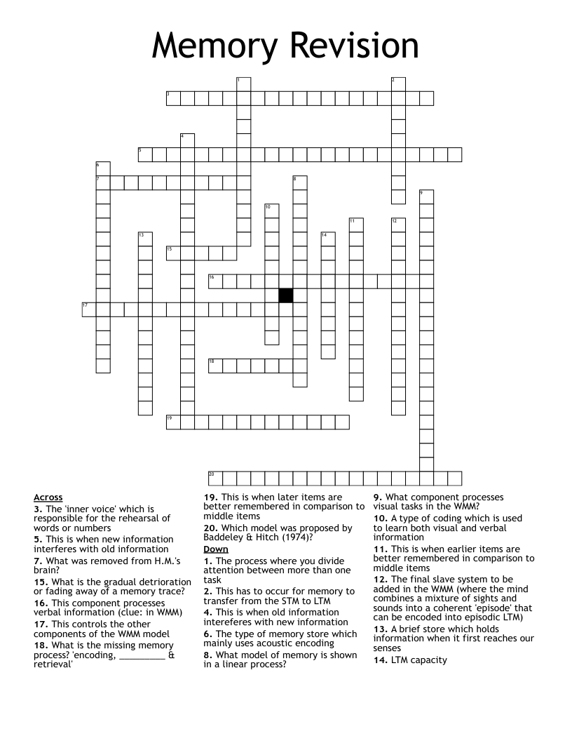 Memory Revision  Crossword