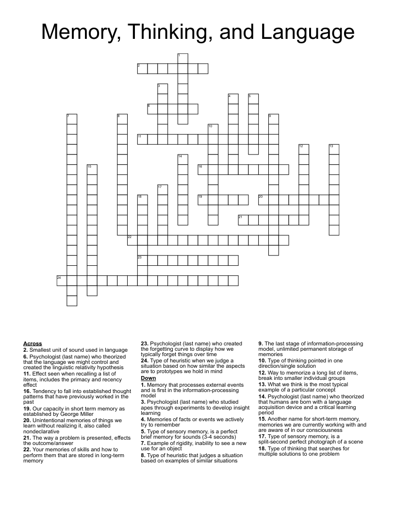 Memory, Thinking, and Language Crossword
