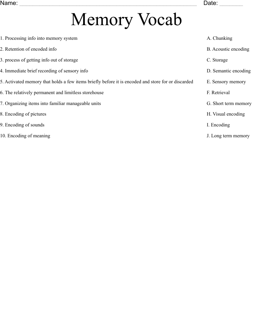 Memory Vocab  Worksheet